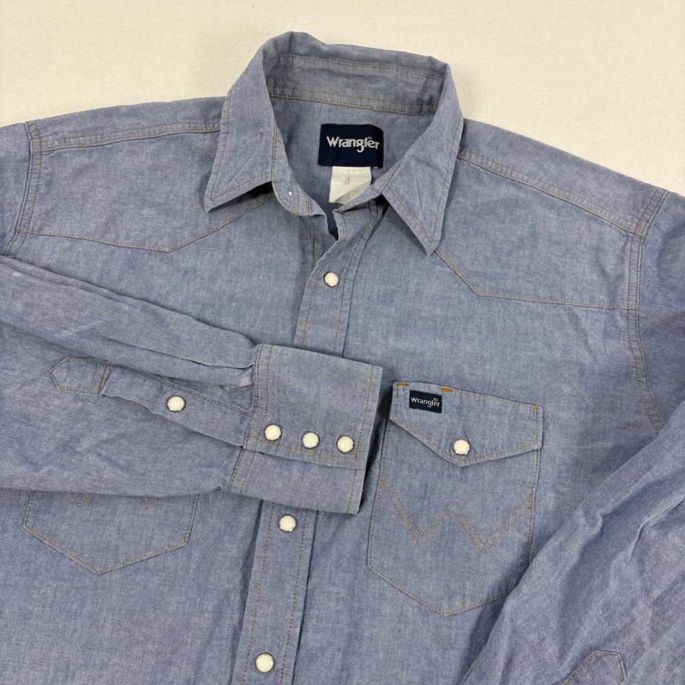 VTG Wrangler Western Shirt Mens XL Blue Pearl Snap Cowboy Chambray Cotton FLAW